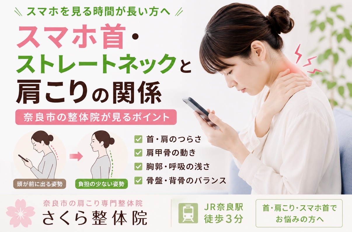 整体肩こり奈良市 » 奈良市の整体 さくら整体院 スマホ首と肩こりの関係を解説する広告。スマホを見て首を押さえる女性の写真と、施術ポイントのイラストがある。