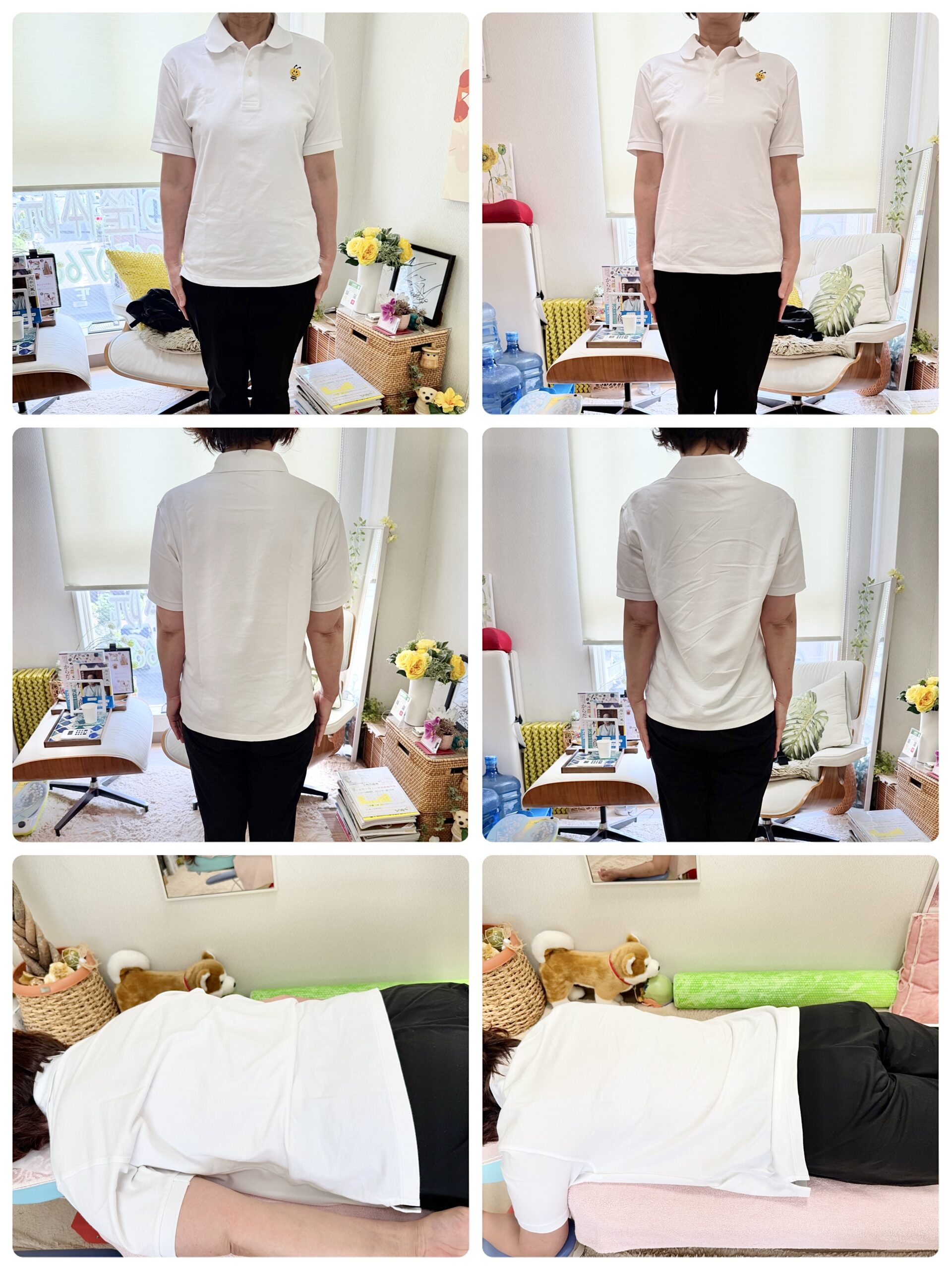 Collage showing a person wearing a white polo shirt and black pants from front, back, and side in a bright room with furniture and plants.