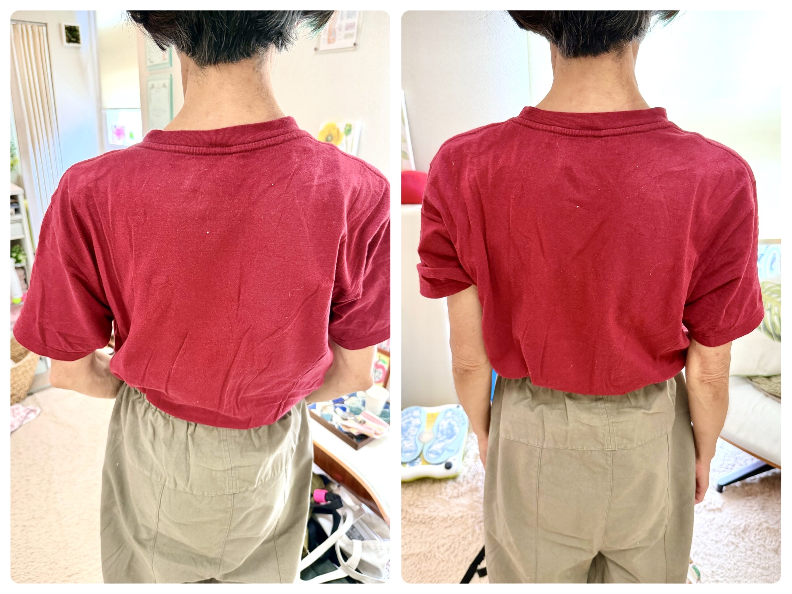 Back view of a person wearing a red short-sleeve shirt and beige pants, shown from two angles indoors.