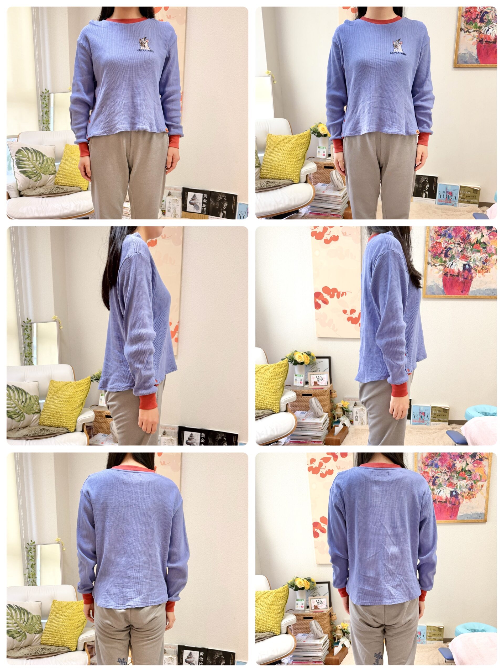 Person models a lavender long-sleeve top with red cuffs and gray pants in a cozy living room, shown from multiple angles.
