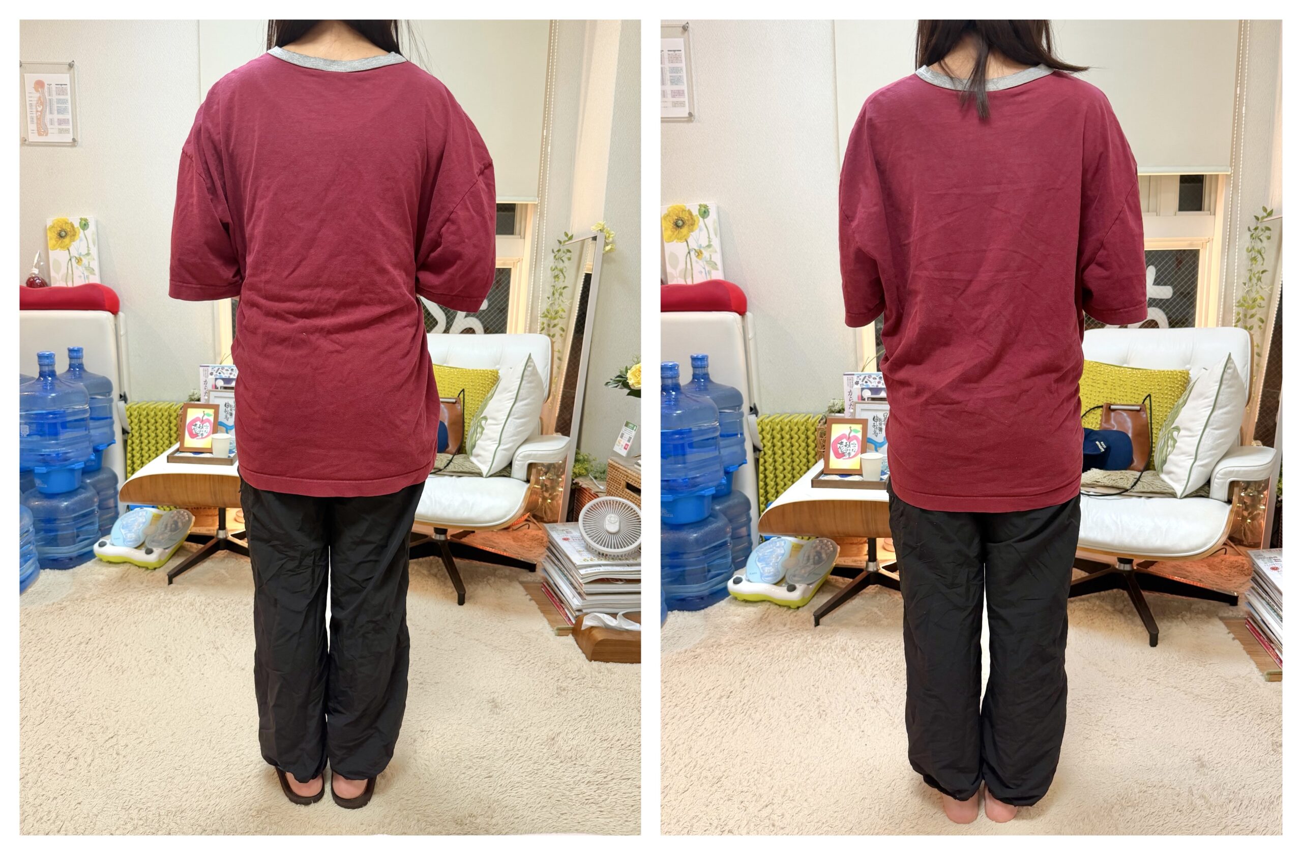 Back view of a person wearing a burgundy long-sleeve shirt and black pants, standing in a cluttered living room with chairs, plants, and a water cooler on both sides.