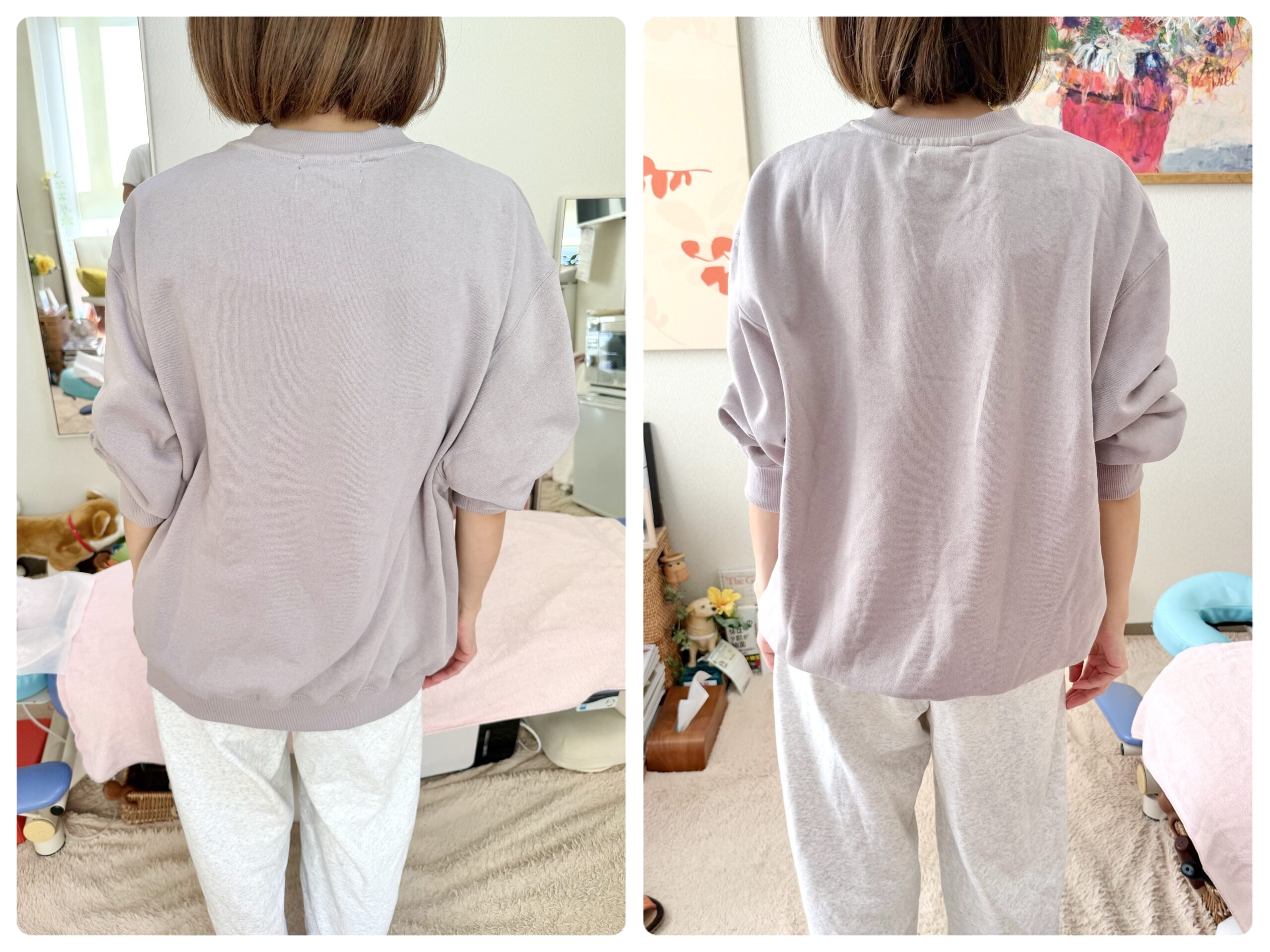 Back view of a person wearing a light gray oversized sweatshirt and sweatpants in a cozy room with toys and artwork in the background, shown in two panels.
